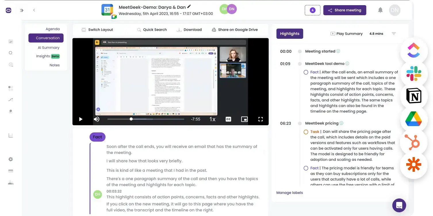 MeetGeek meeting analysis with video, transcript, speaker metrics, and AI insights