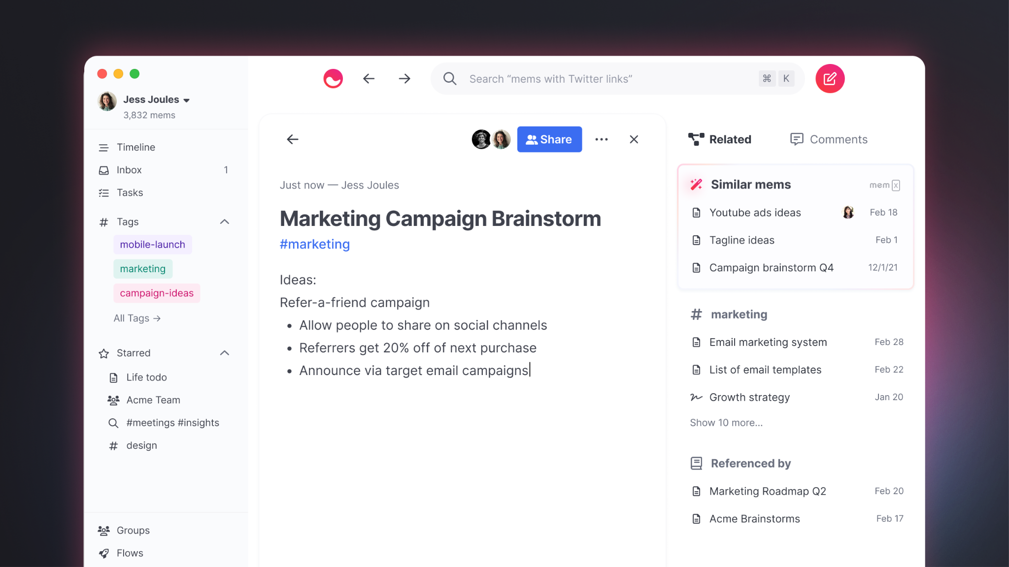 Mem marketing brainstorm note with related notes and workspace navigation
