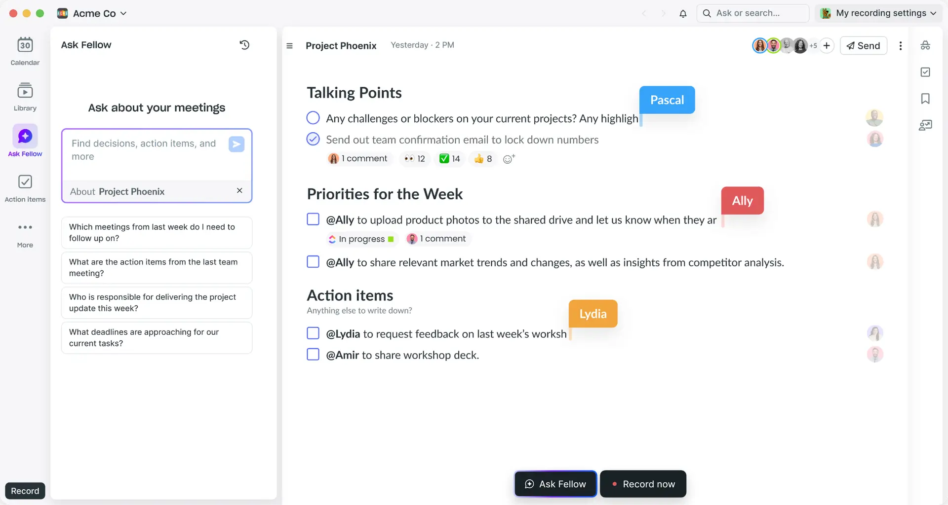 Fellow Ask AI panel beside shared talking points and assigned action items