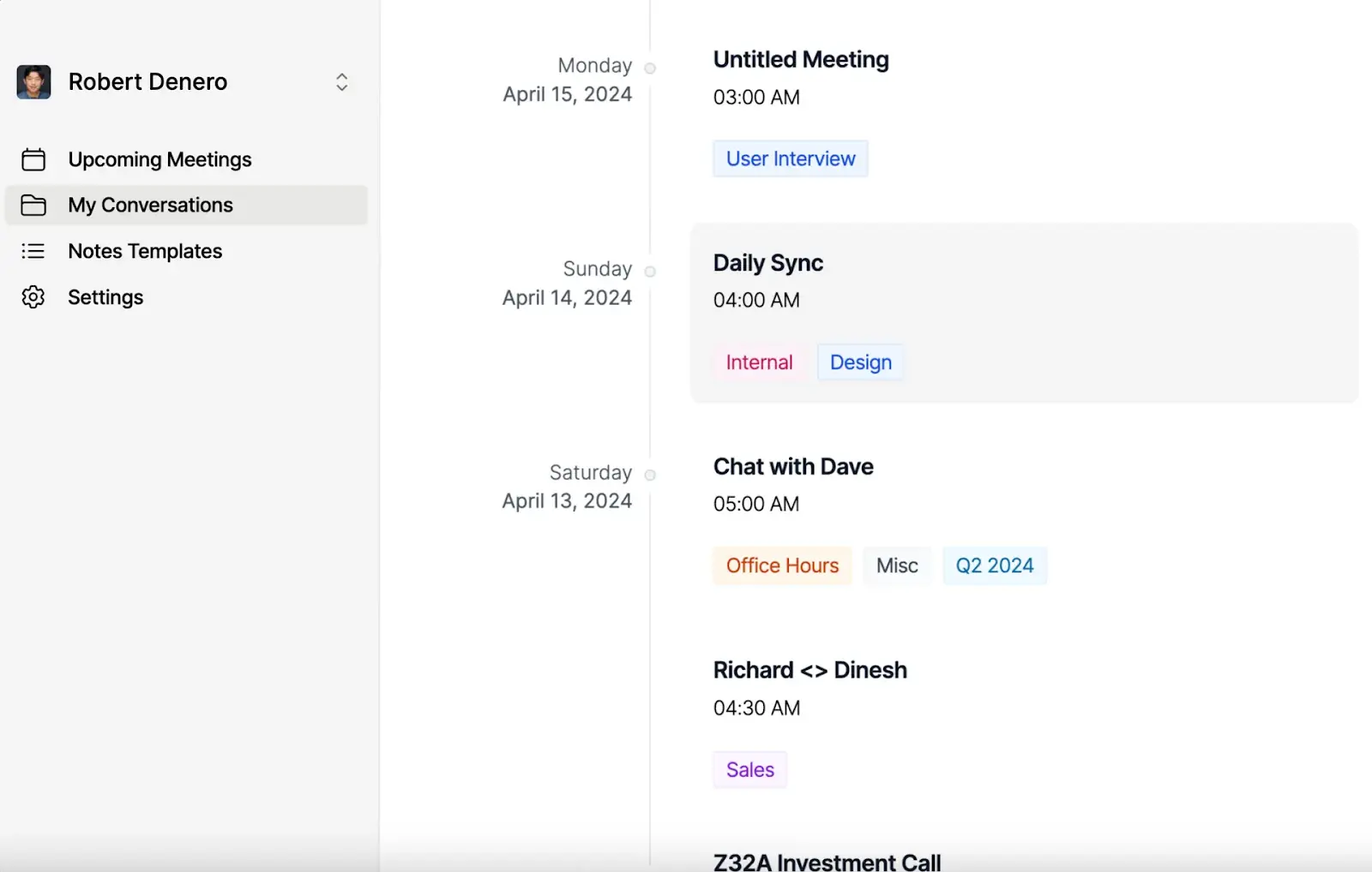 Sonnet meeting library with templates and categorized conversations