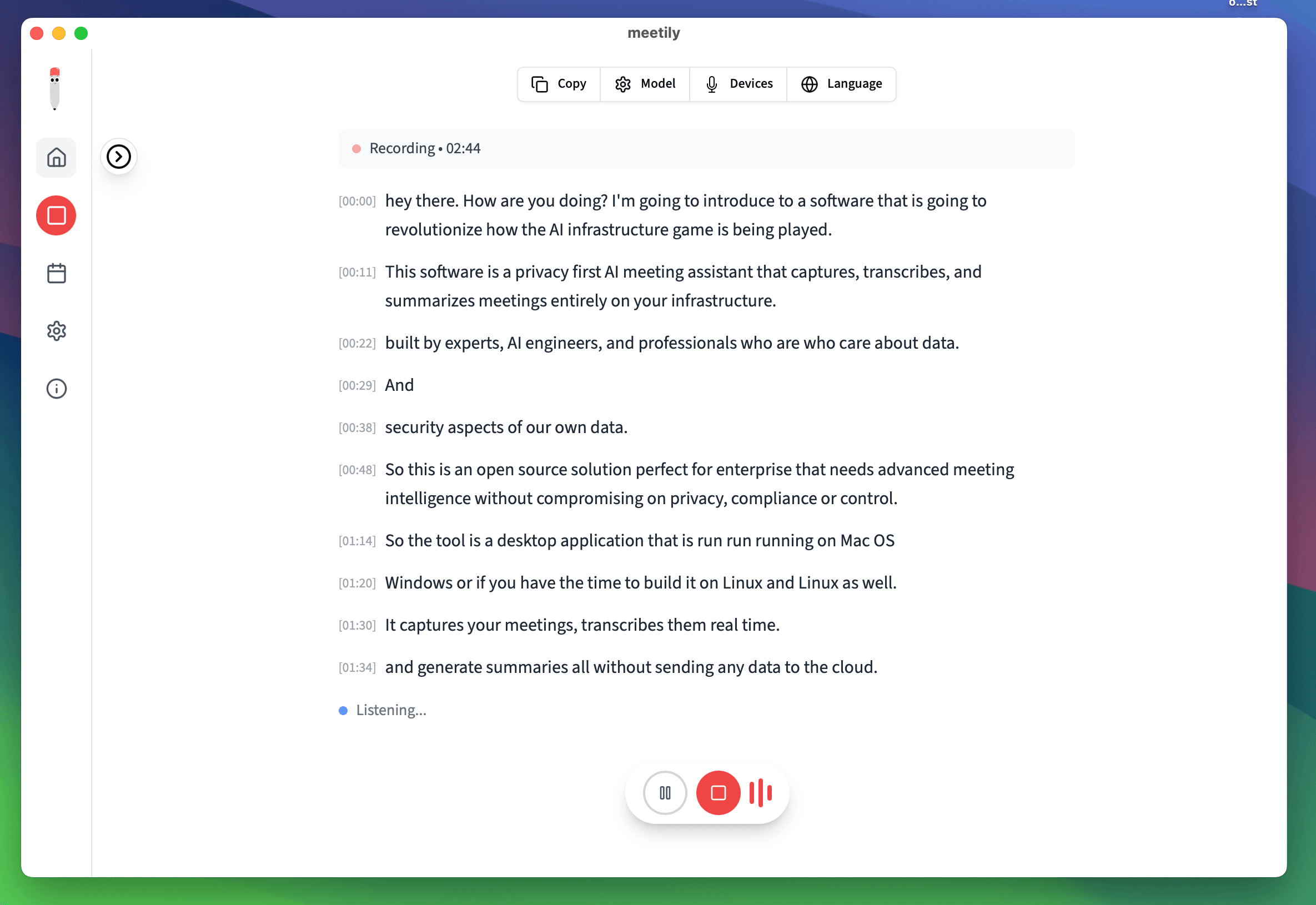 char-editor-width=80 Meetily workspace with transcript, summary, decisions, and action items