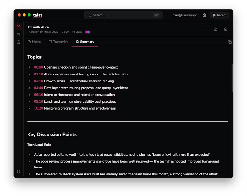 char-editor-width=80 Talat meeting summary with timestamped topics and key discussion points