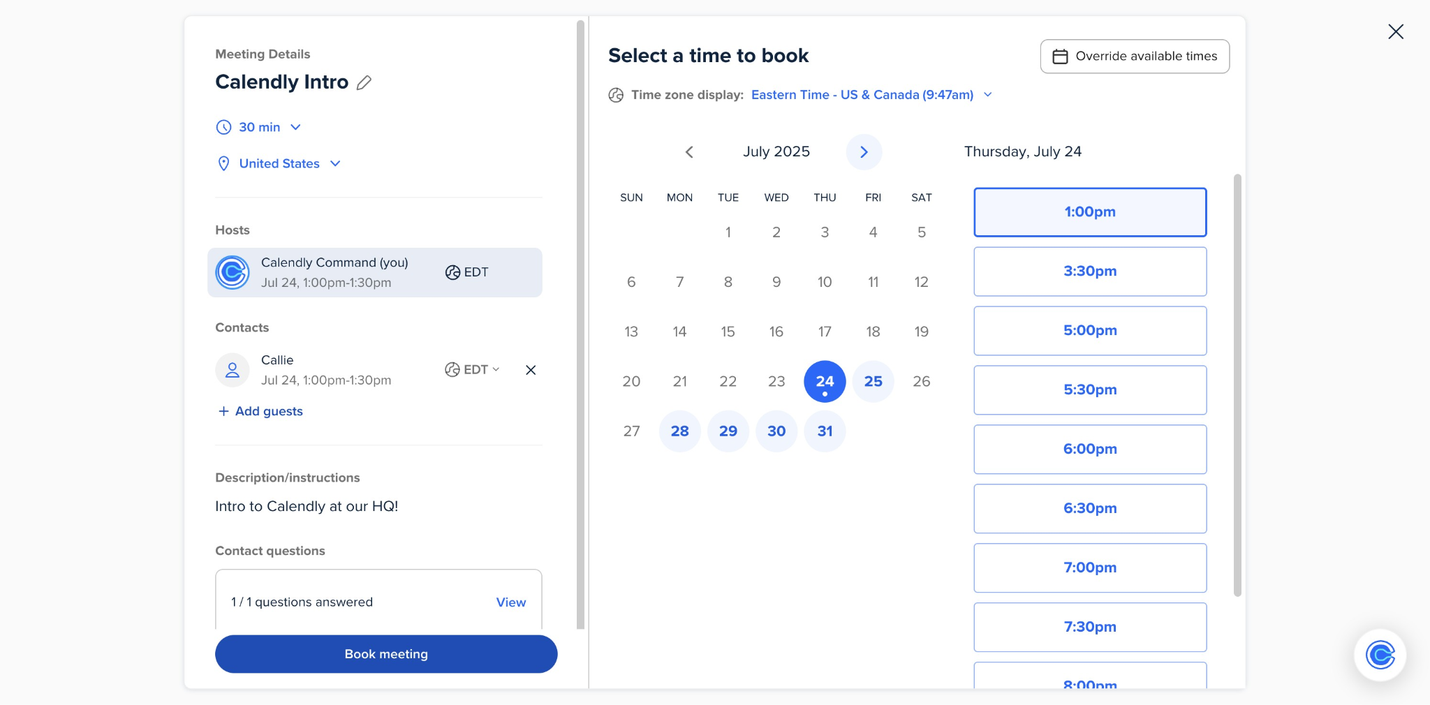 Calendly event-type settings beside a calendar of available time slots