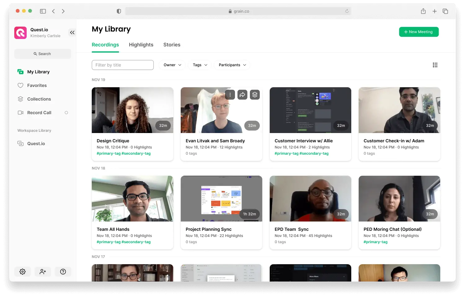 Grain meeting library with recordings, highlights, and stories