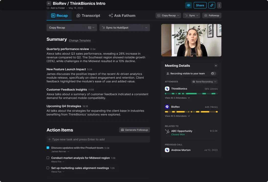 Fathom Recap showing an AI summary, action items, and meeting details