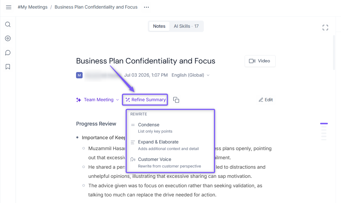 Fireflies meeting summary with controls to refine, expand, and regenerate the summary