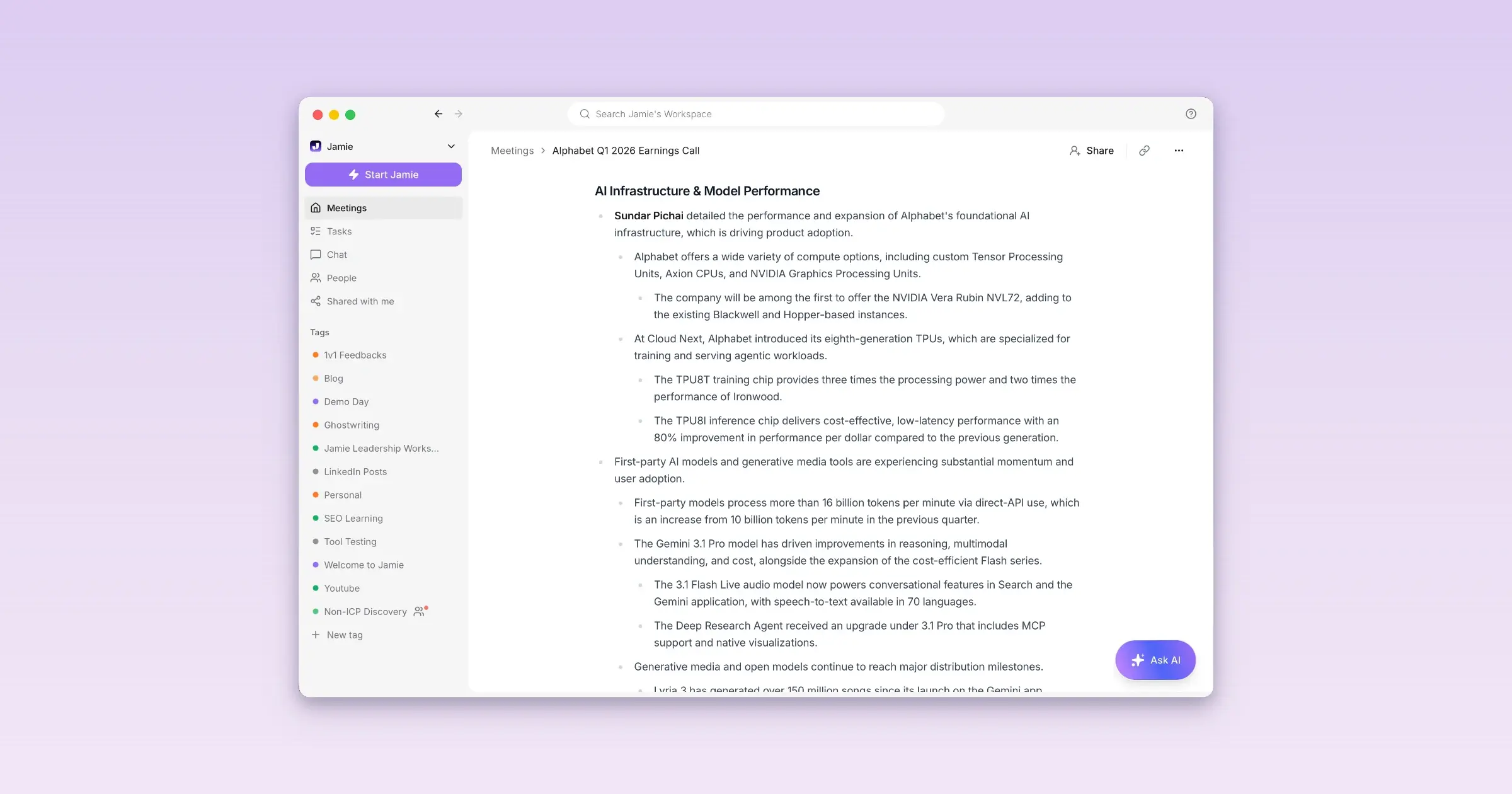 Jamie workspace showing a generated meeting note and AI assistant