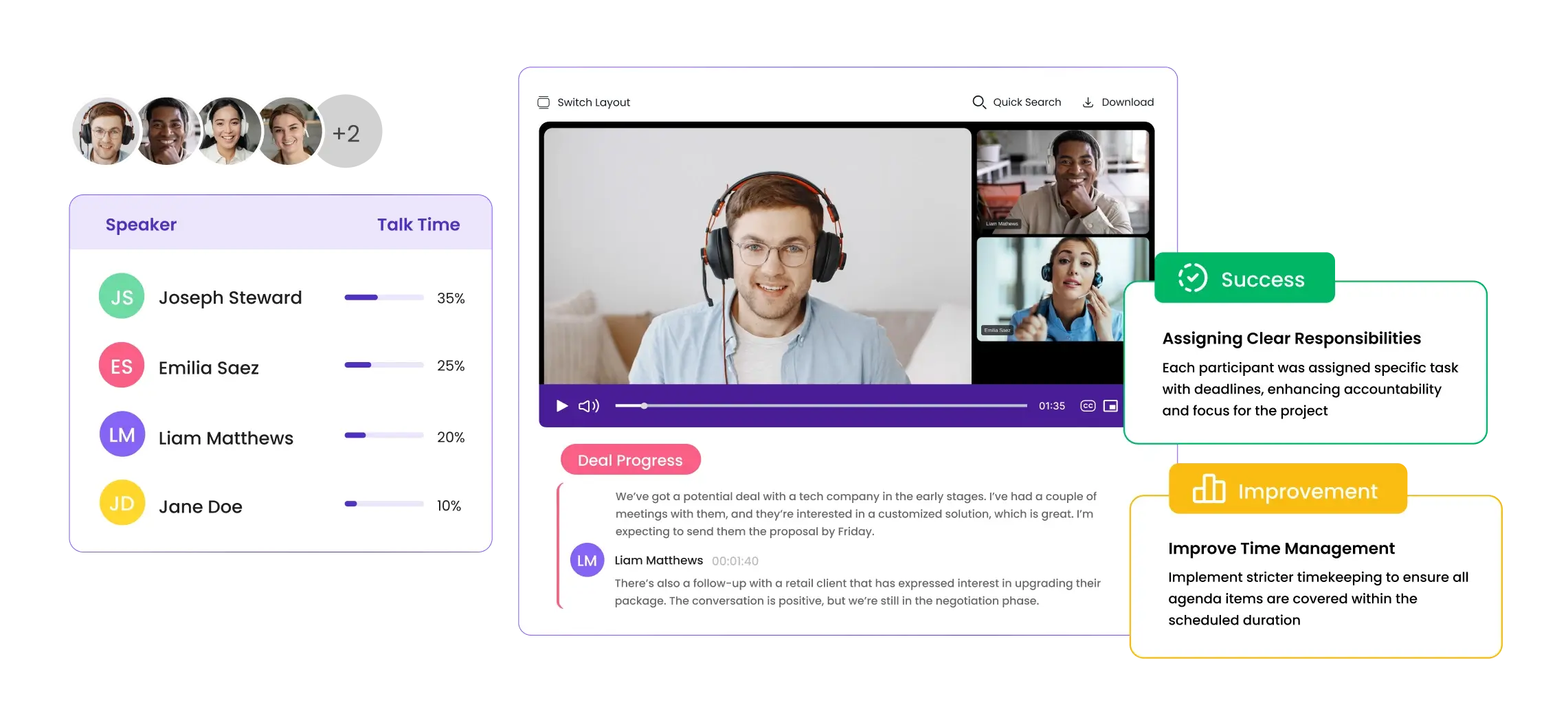 MeetGeek meeting view with speaker talk time, video, transcript, and AI insights