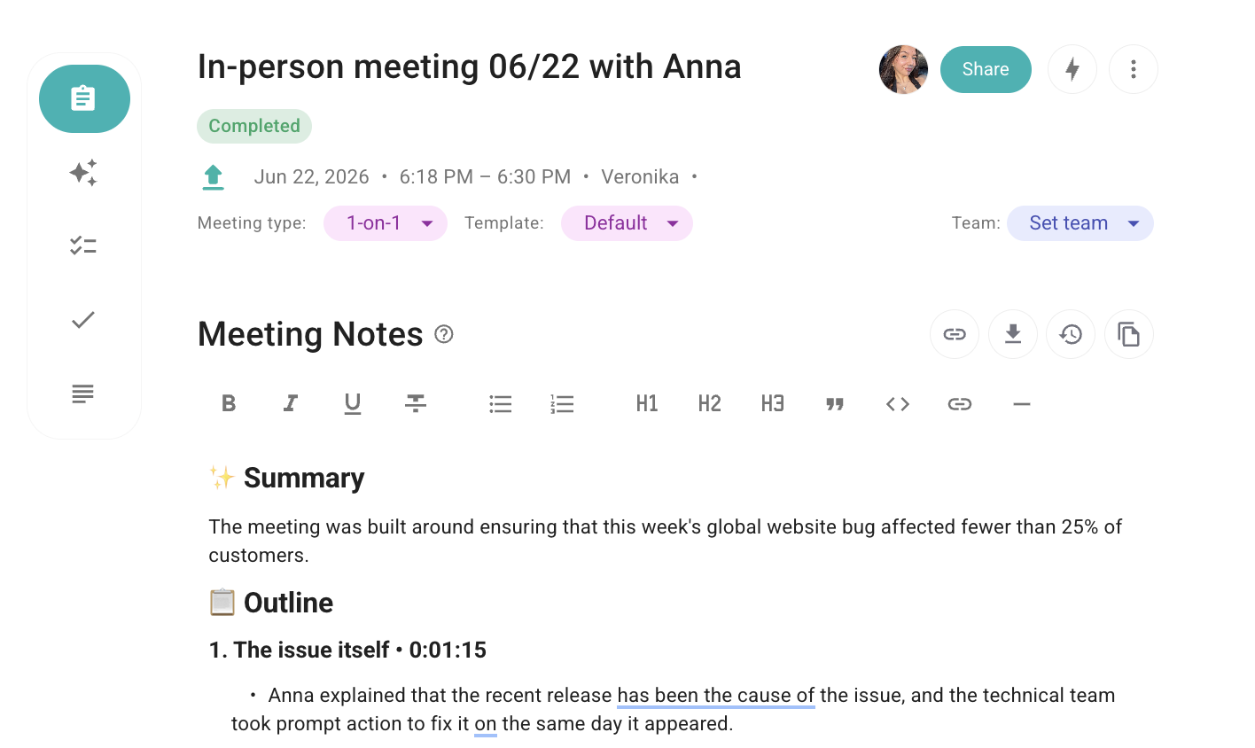 Sembly meeting notes editor with a generated summary, outline, and formatting controls