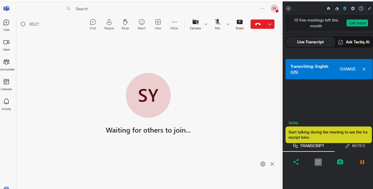 Tactiq Live Transcript panel beside a Microsoft Teams browser meeting